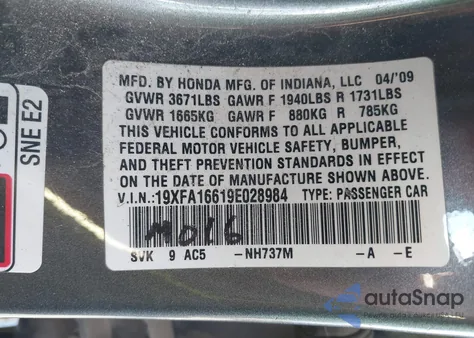 2009 Honda Civic Lx-S z USA, uszkodzony, nr VIN 19XFA16619E028984